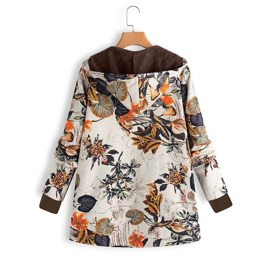 Damen Gefütterte Kapuzenjacke mit Kunstfellfutter, floralem Print und Eingrifftaschen EB