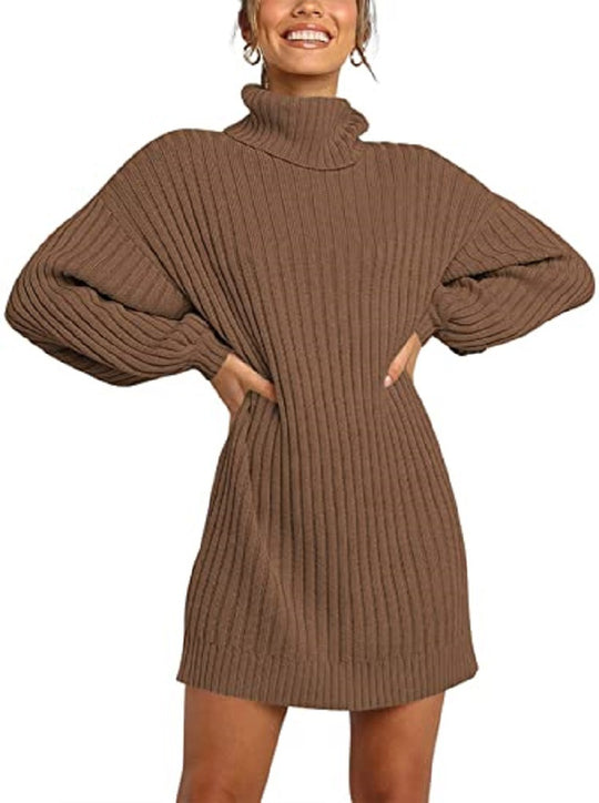 Damen Grobstrick Pulloverkleid mit hohem Kragen und überschnittenen Schultern EB