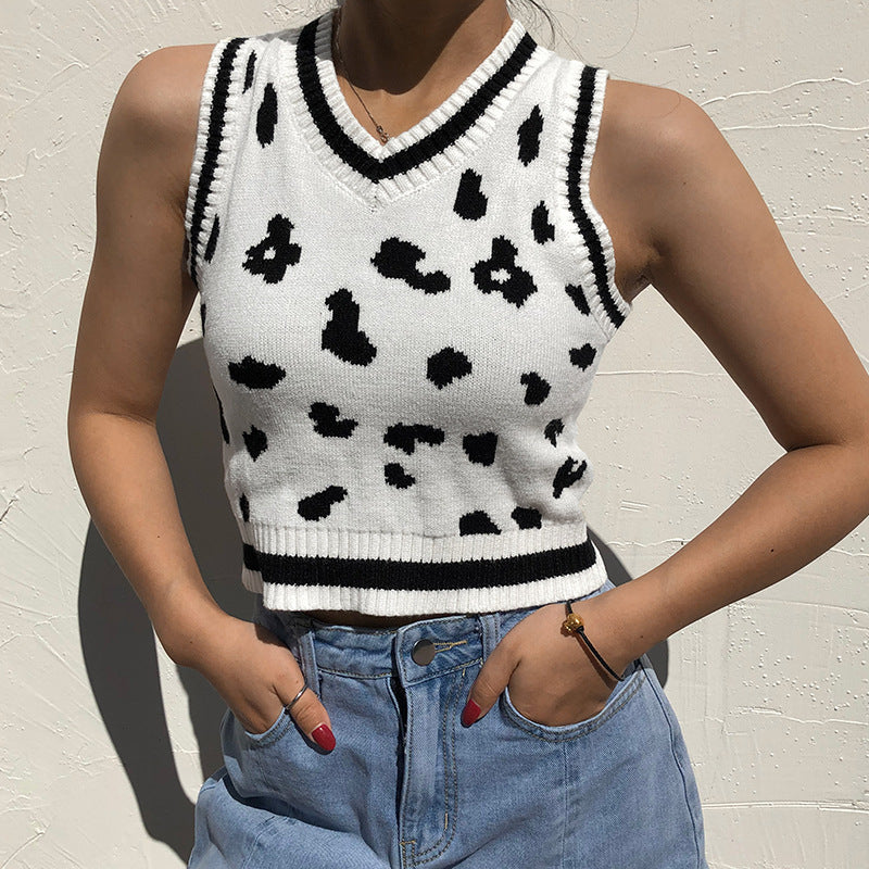 Damen süßes Strick-Crop-Top mit verspieltem Leopardenmuster EB