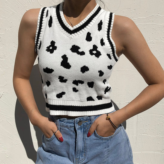 Damen süßes Strick-Crop-Top mit verspieltem Leopardenmuster EB