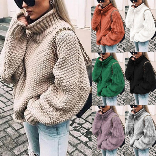 Damen grobstrick Pullover mit Stehkragen und überschnittenen Schultern EB