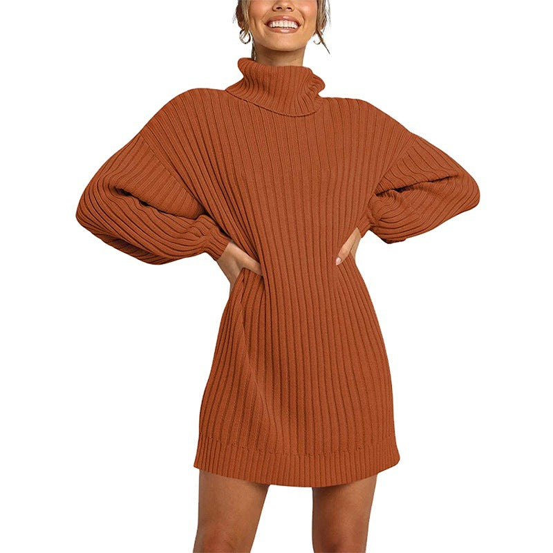Damen Strickkleid mit hohem Kragen und weit geschnittenen Ärmeln EB