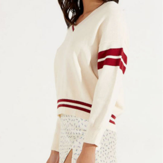 Damen sportlicher V-Ausschnitt Pullover mit Streifen EB