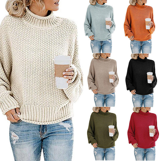 Damen Grobstrickpullover mit hohem Kragen und weitem Schnitt EB
