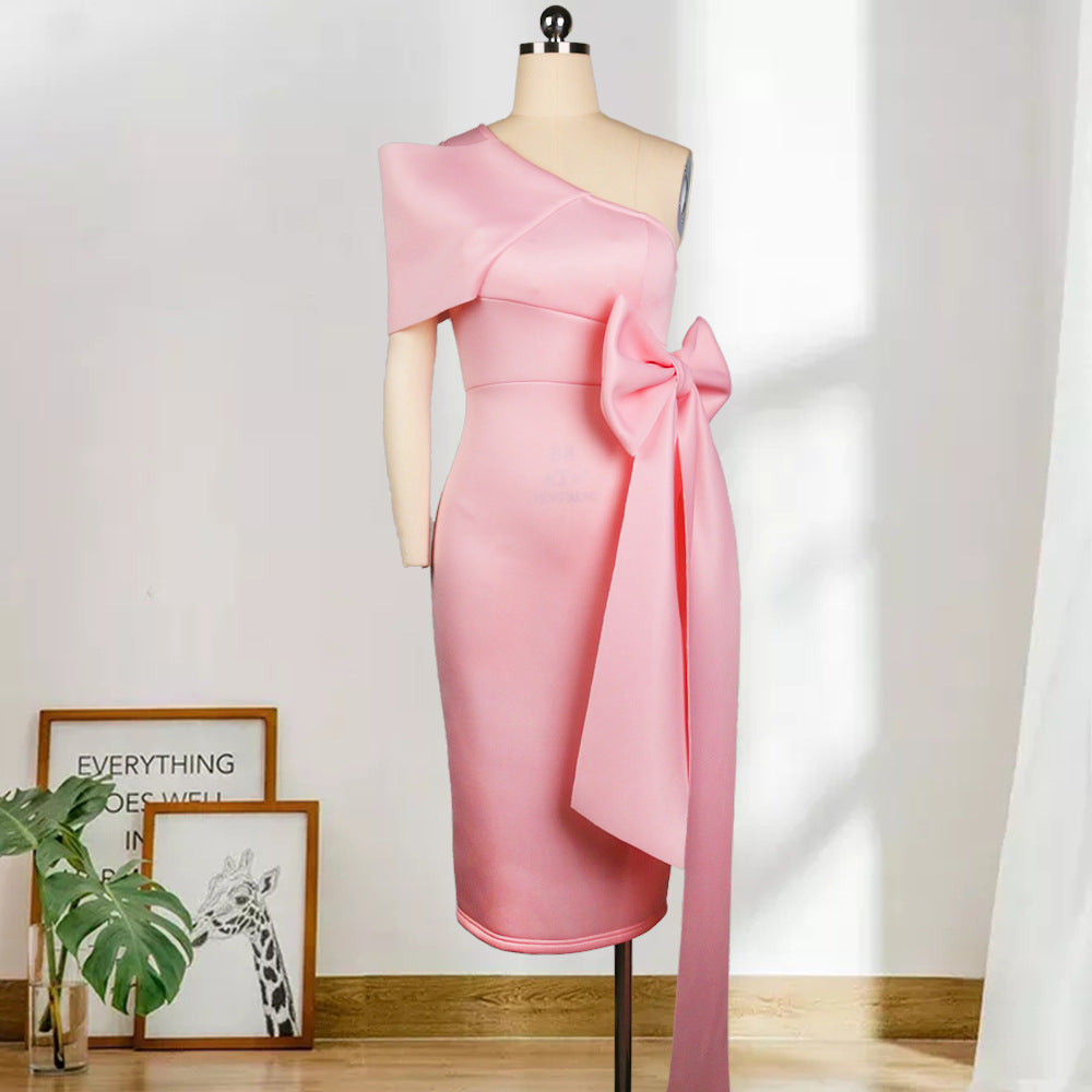 Damen elegantes Wickelkleid mit asymmetrischem Top und voluminösem Schleifenakzent EB