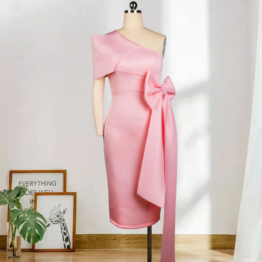 Damen elegantes Wickelkleid mit asymmetrischem Top und voluminösem Schleifenakzent EB