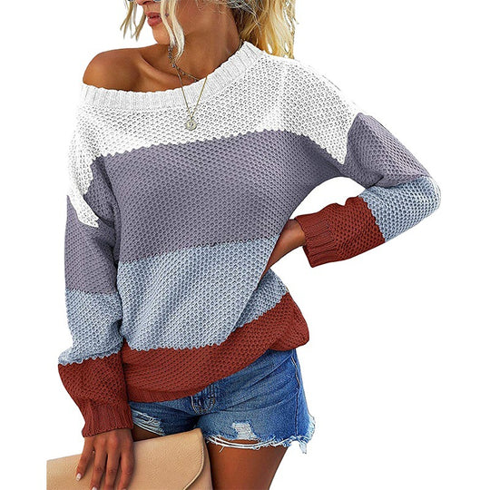 Damen lässiger Strickpullover mit weitem Ausschnitt und strukturiertem Farbblockdesign EB
