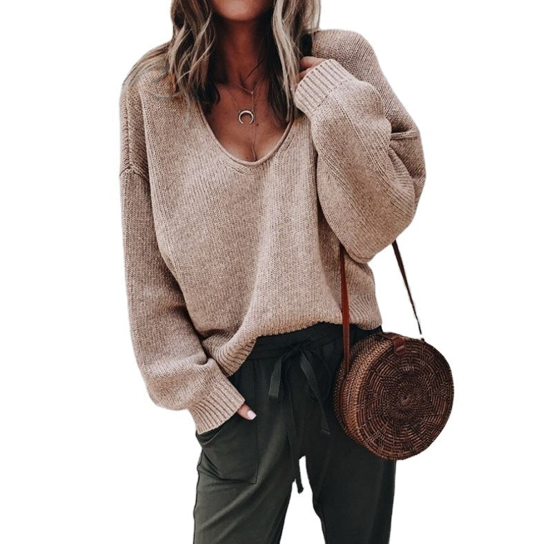 Damen V-Ausschnitt Grobstrickpullover mit überschnittenen Schultern EB