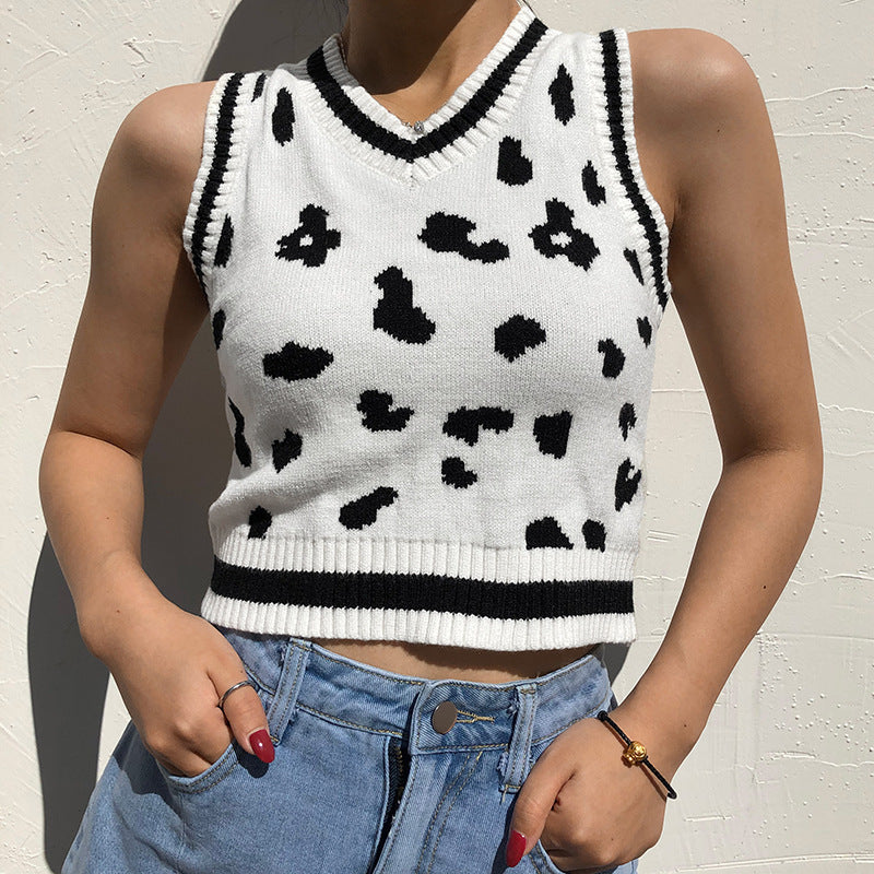 Damen süßes Strick-Crop-Top mit verspieltem Leopardenmuster EB