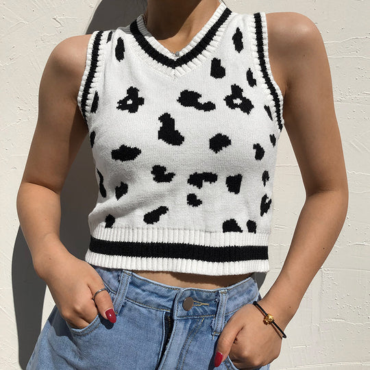 Damen süßes Strick-Crop-Top mit verspieltem Leopardenmuster EB