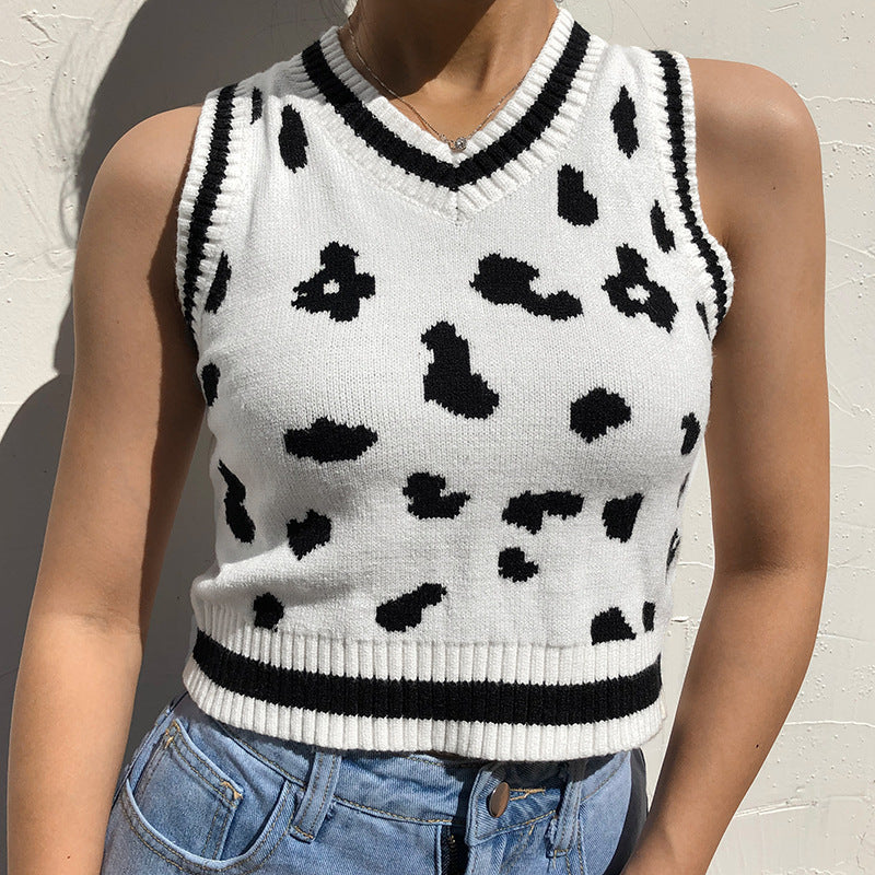 Damen süßes Strick-Crop-Top mit verspieltem Leopardenmuster EB