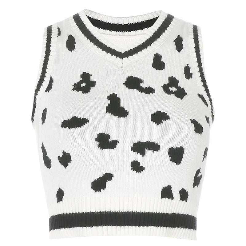 Damen süßes Strick-Crop-Top mit verspieltem Leopardenmuster EB