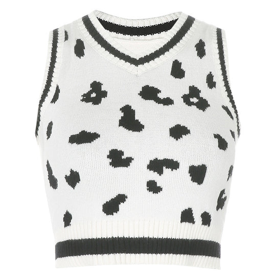 Damen süßes Strick-Crop-Top mit verspieltem Leopardenmuster EB