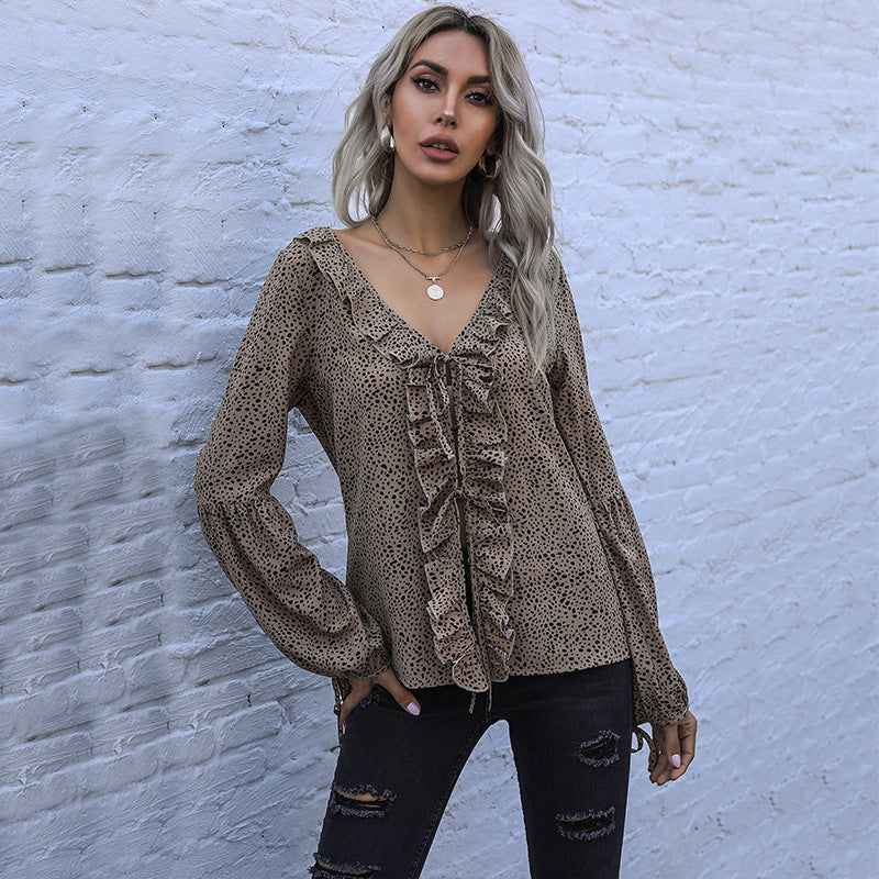 Damen elegantes Blusenshirt mit Rüschendetails und V-Ausschnitt EB