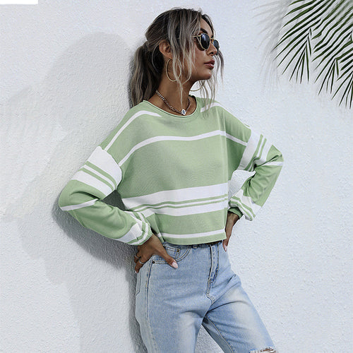 Damen lässiger Sweatshirt mit stylischen Rüschendetails und Streifenmuster EB