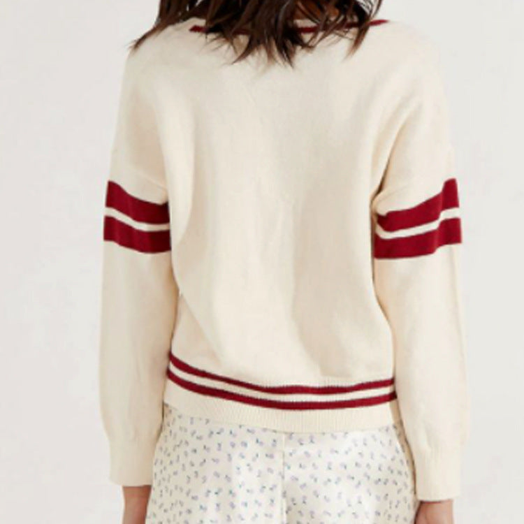 Damen sportlicher V-Ausschnitt Pullover mit Streifen EB