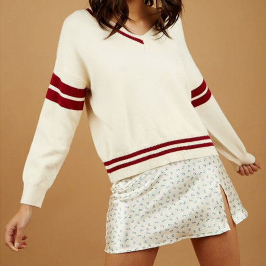 Damen sportlicher V-Ausschnitt Pullover mit Streifen EB