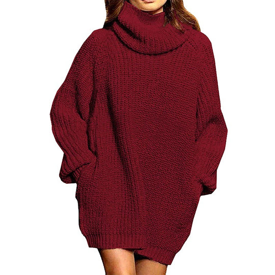 Damen Grobstrick Pulloverkleid mit hohem Kragen und lässigem Schnitt EB