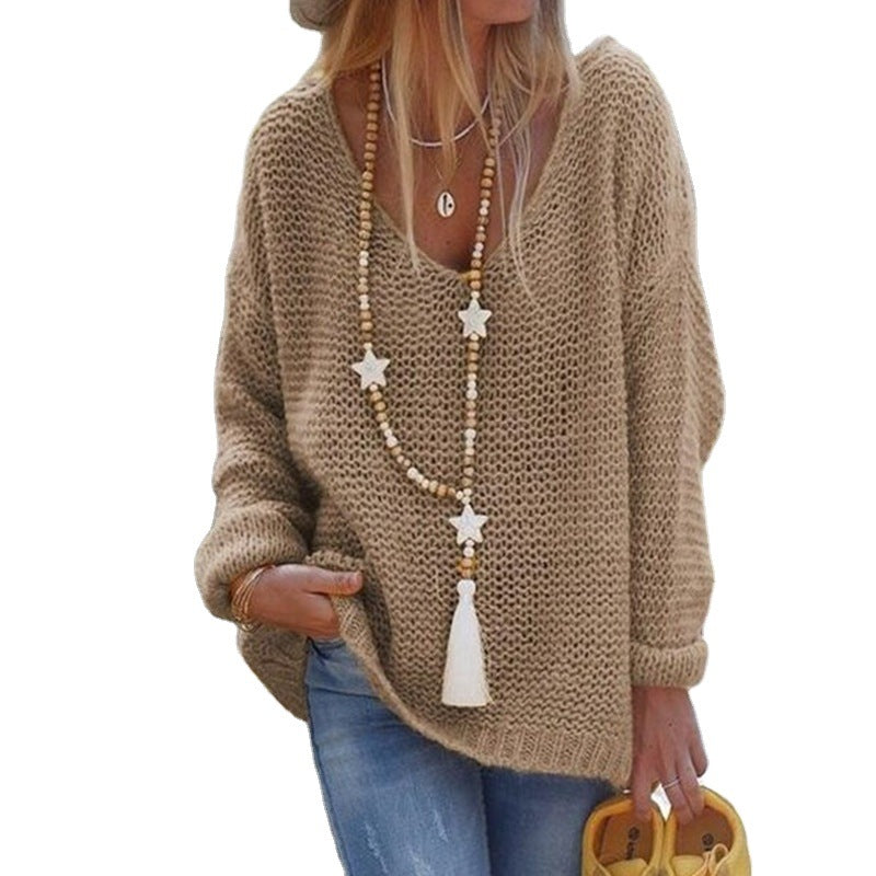 Damen Grobstrick Pullover mit weitem V-Ausschnitt und lässigem Schnitt EB