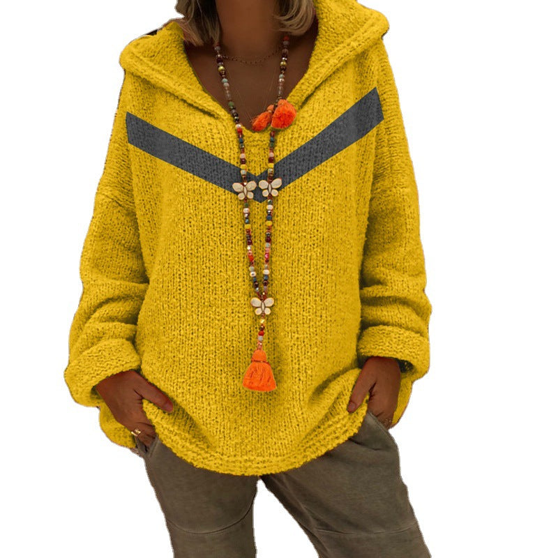 Damen Grobstrick Pullover mit Kapuze und dekorativem Detail EB