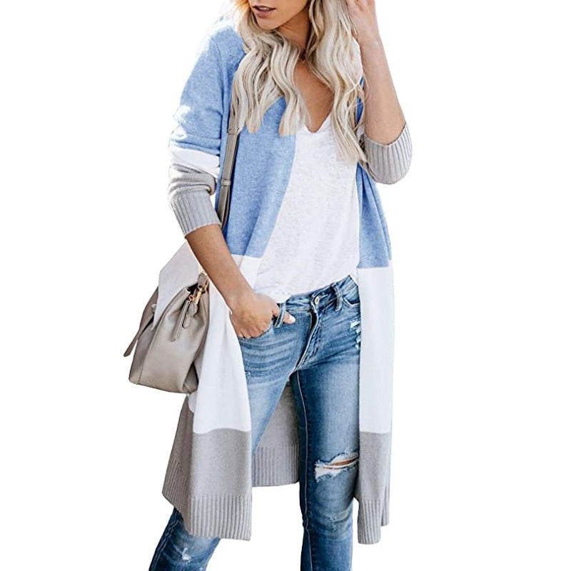 Damen modische langärmlige Strickjacke mit angesagtem Farbblockdesign EB