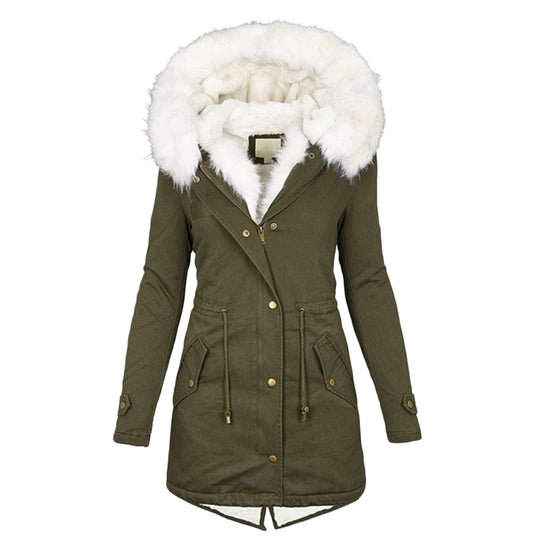 Damen Gefütterter Parka-Mantel mit Teddyfutter, abnehmbarer Kunstfellkapuze und Taillenzug EB