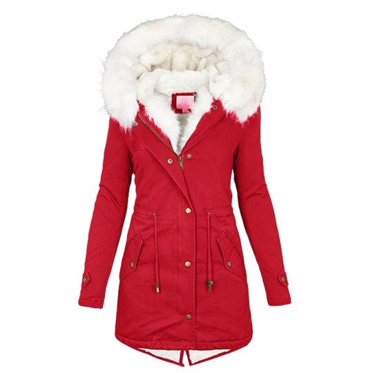 Damen Gefütterter Parka-Mantel mit Teddyfutter, abnehmbarer Kunstfellkapuze und Taillenzug EB