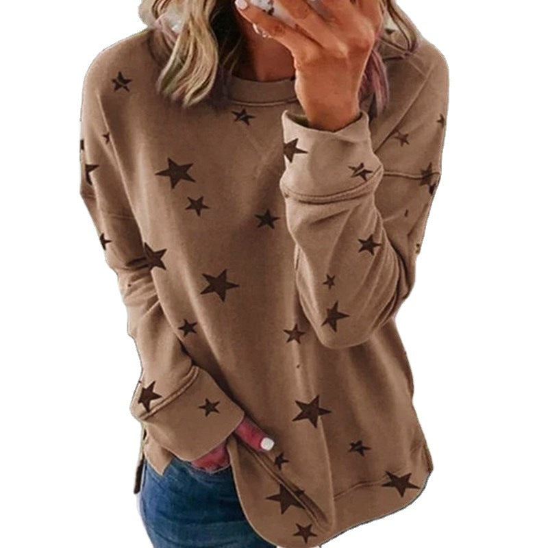 Damen nan locker geschnittenes Sternen-Print Sweatshirt mit Rundhalsausschnitt, verlängertem Rücken und seitlichen Schlitzen EB