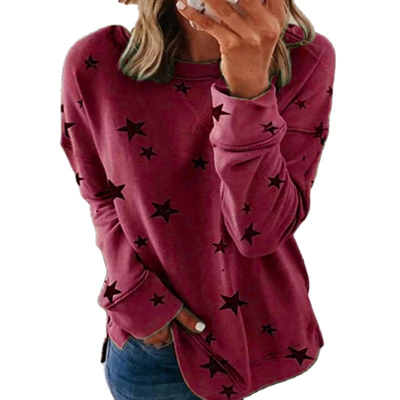 Damen nan locker geschnittenes Sternen-Print Sweatshirt mit Rundhalsausschnitt, verlängertem Rücken und seitlichen Schlitzen EB