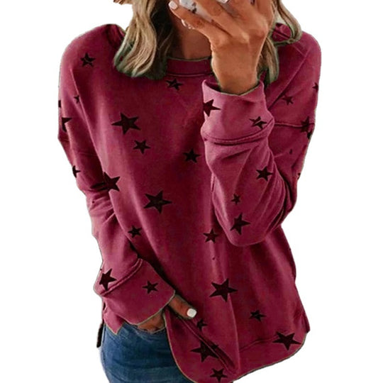 Damen nan locker geschnittenes Sternen-Print Sweatshirt mit Rundhalsausschnitt, verlängertem Rücken und seitlichen Schlitzen EB