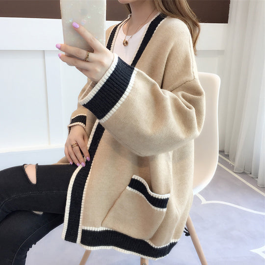 Damen Lässiger Strickcardigan mit attraktiven Kontrastsäumen und praktischen Taschen EB