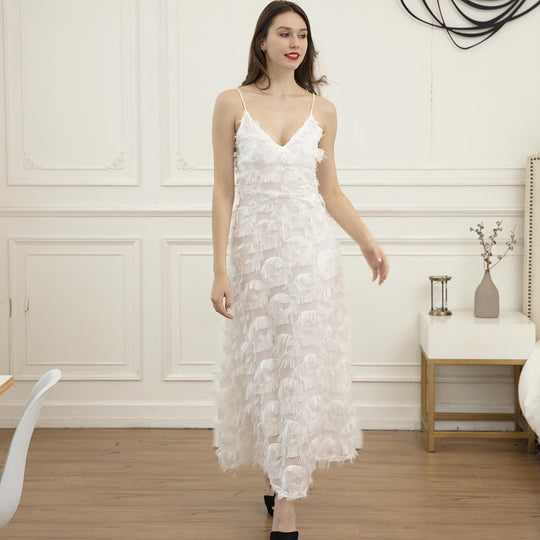 Damen Maxikleid mit trendigen Fransen und verführerischem V-Ausschnitt EB