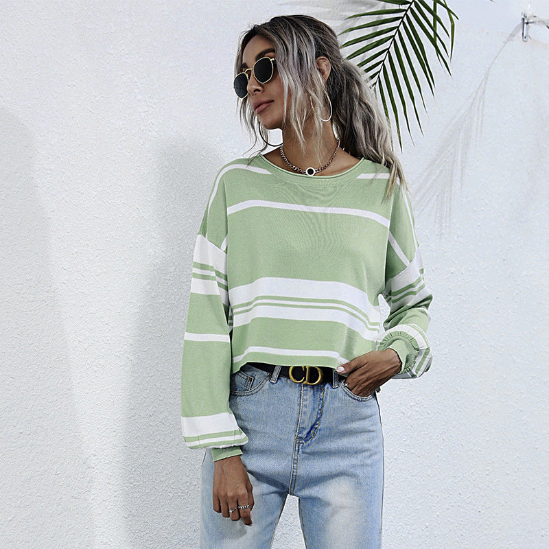 Damen lässiger Sweatshirt mit stylischen Rüschendetails und Streifenmuster EB