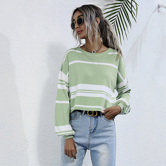Damen lässiger Sweatshirt mit stylischen Rüschendetails und Streifenmuster EB
