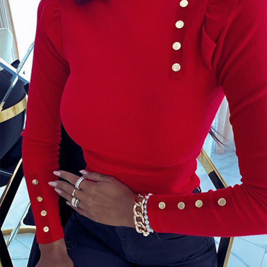 Damen Rippstrick Longsleeve mit Stehkragen, Schultervolant und Zierknöpfen EB