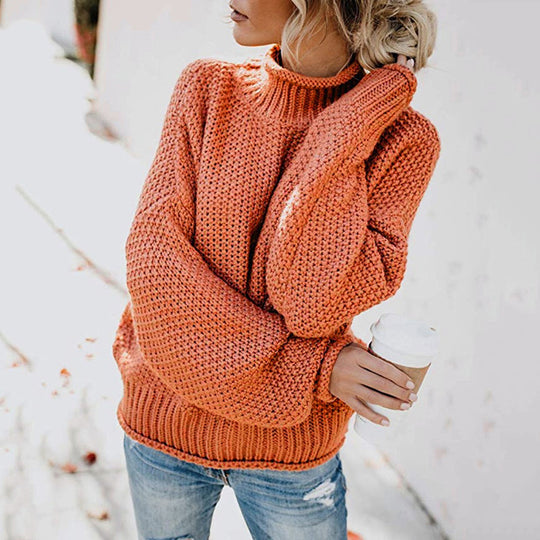 Damen Grobstrickpullover mit hohem Kragen und weitem Schnitt EB