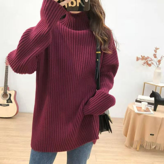 Damen Grobstrickpullover mit hohem Kragen und feiner Rippstruktur EB