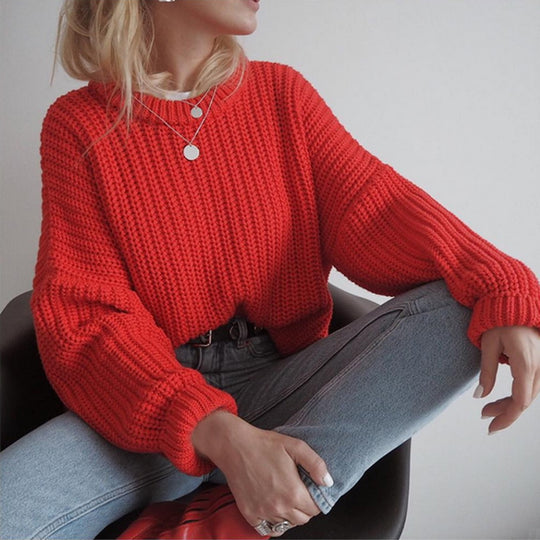 Damen Grobstrickpullover mit lässigem Schnitt und voluminösen Ärmeln EB