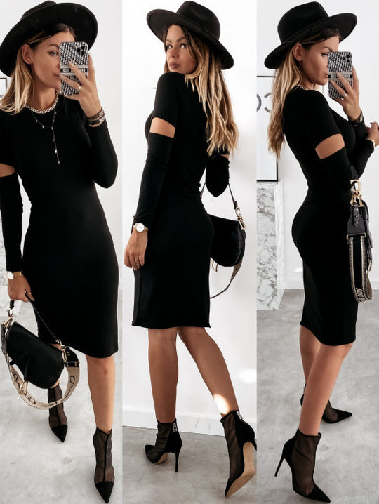 Damen figurbetontes Kleid mit Cut-Out-Ärmeln und seitlichem Schlitz EB