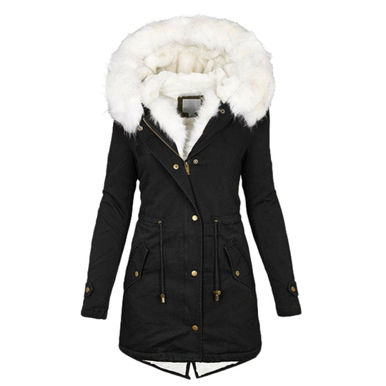 Damen Gefütterter Parka-Mantel mit Teddyfutter, abnehmbarer Kunstfellkapuze und Taillenzug EB