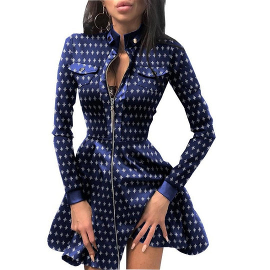 Damen nan tailliertes Mini-Kleid mit Hahnentritt-Oberteil, Kunstleder-Rock, Stehkragen und durchgehendem Reißverschluss EB