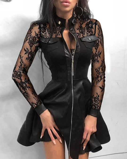 Damen nan tailliertes Mini-Kleid mit Hahnentritt-Oberteil, Kunstleder-Rock, Stehkragen und durchgehendem Reißverschluss EB