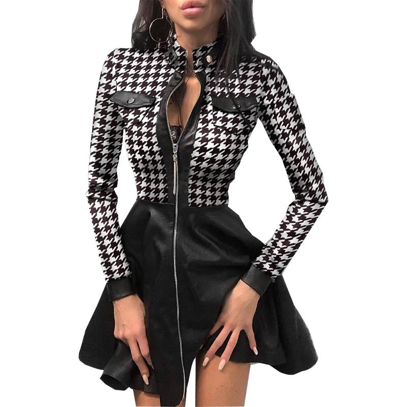 Damen nan tailliertes Mini-Kleid mit Hahnentritt-Oberteil, Kunstleder-Rock, Stehkragen und durchgehendem Reißverschluss EB