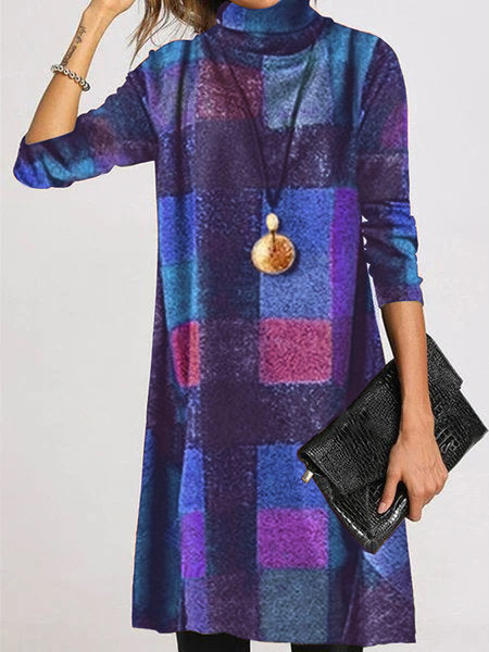 Damen modisches Langarmkleid mit Rollkragen und kariertem Design EB