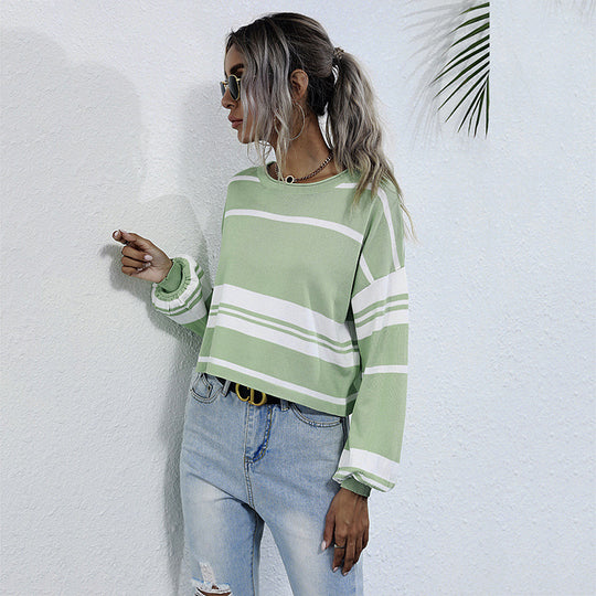 Damen lässiger Sweatshirt mit stylischen Rüschendetails und Streifenmuster EB