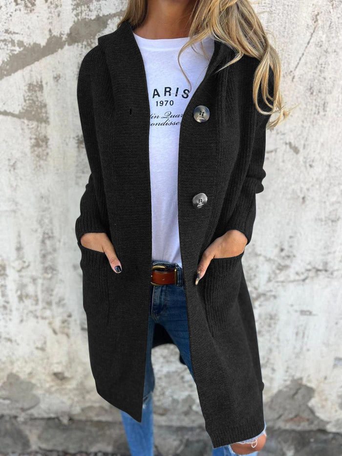 EB | Strickjacke Lange Offene Front Ribbed Knopfverschluss & Vordertaschen
