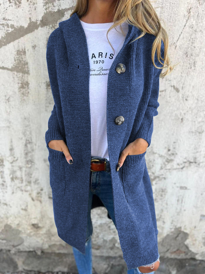 EB | Strickjacke Lange Offene Front Ribbed Knopfverschluss & Vordertaschen
