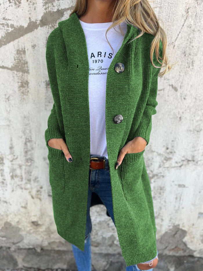 EB | Strickjacke Lange Offene Front Ribbed Knopfverschluss & Vordertaschen