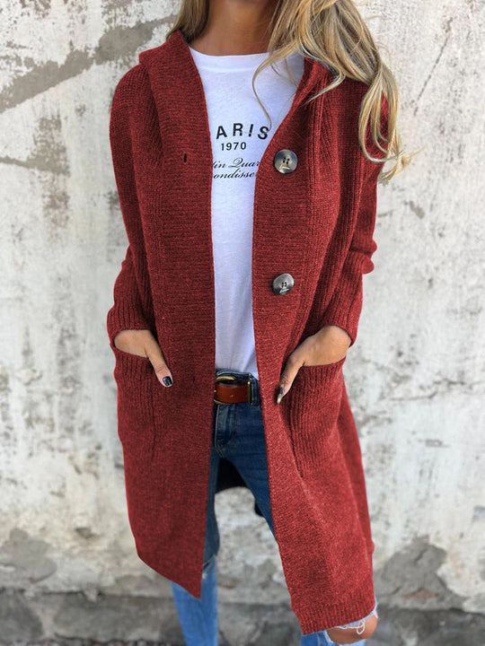 EB | Strickjacke Lange Offene Front Ribbed Knopfverschluss & Vordertaschen
