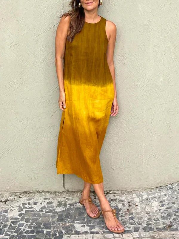 EB | Luftiges Leinenkleid Aus Baumwolle mit Farbverlauf und Schlitz Am Bein